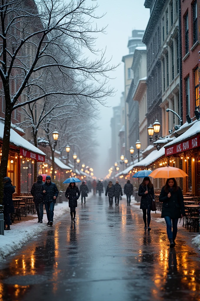 snow and rain in the city