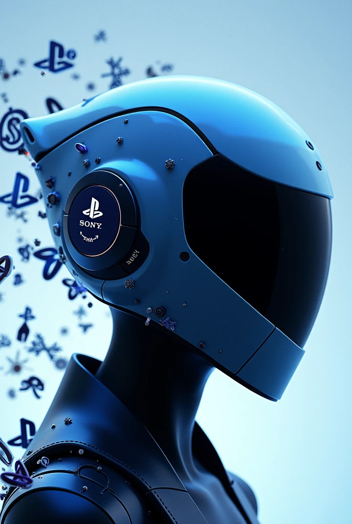 Create a PlayStation model helmet, background with sony symbols.