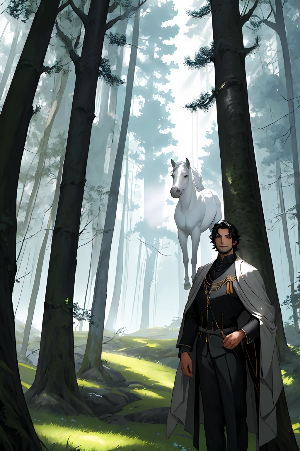 An elegant 30-year-old man stands confidently in a lush green forest with rays of light breaking through the trees. He is dressed in a strict medieval European-style black suit, which gives him a noble and timeless appearance. His deep gray eyes and short black hair highlight his confident face, which carries a slight, knowing smile. Behind him, a majestic white horse stands, adding to the fantasy atmosphere. A light mist weaves through the trees, enhancing the mystical quality of the scene