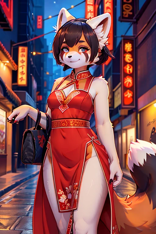 Sensual anthropomorphic red panda furry hooker, soft furry body, without head hair, wearing a long red sleeveless qipao dress, city street at night