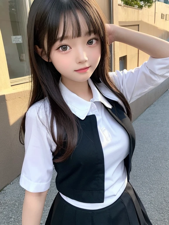 9 years old, elementary school students, full body, best quality, 8K, (Extremely detailed eyes, Extremely detailed face), very cute face, white shirt, black skirt, school uniform, musume san, long hair, bangs, 1 girl,  big breast, outdoor, looking at viewer, low angle, nsfw, midriff,