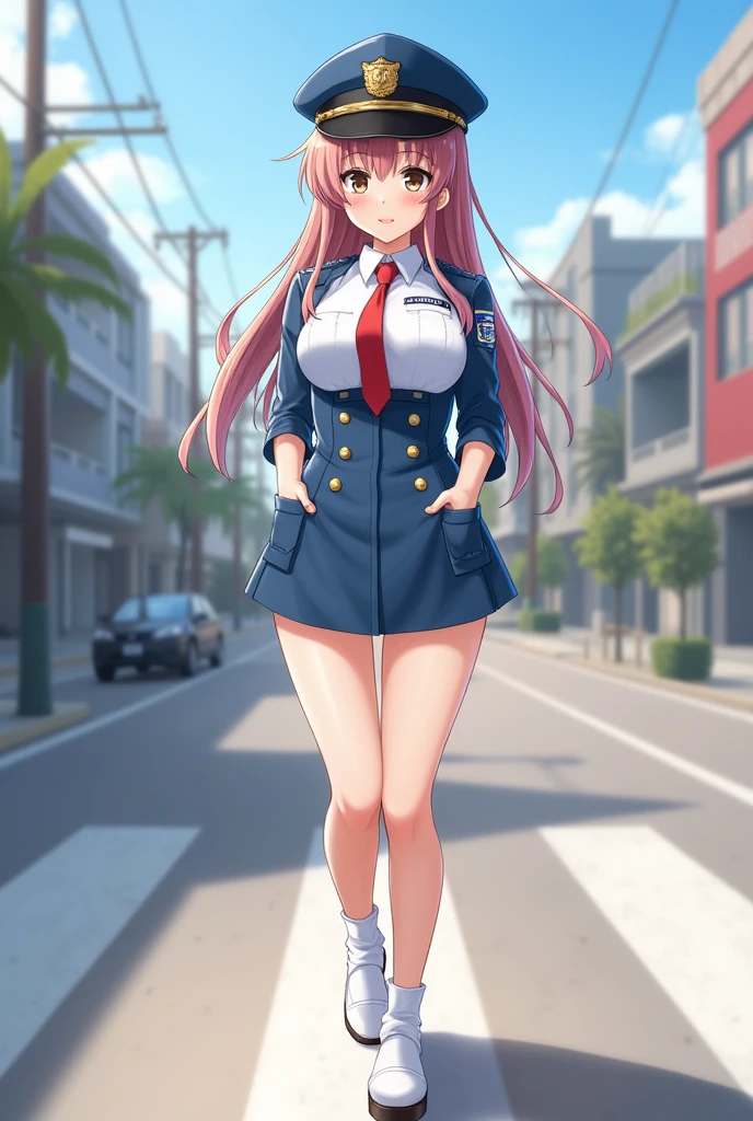 masterpiece, Highest quality,alone, (Detailed face), Minami Kotori, Curved body, Huge breasts,from the front,Sweaty, Embarrassing,mini skirt、Miniskirt Police、Spread your legs、白いpanties、(panties、 white ),Earrings, Elbow hand pockets, tie , Are standing,Police hat,On the street,View your viewers, Cowboy Shot, Thighs, Wide Hips, Knee socks 、Nipplesが見えている、Nipples、Topless、Topless