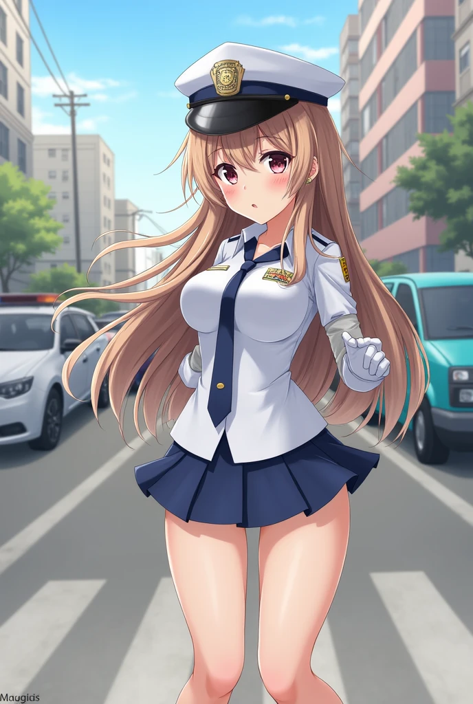 masterpiece, Highest quality,alone, (Detailed face), Minami Kotori, Curved body, Huge breasts,from the front,Sweaty, Embarrassing,mini skirt、Miniskirt Police、Spread your legs、白いpanties、(panties、 white ),Earrings, Elbow hand pockets, tie , Are standing,Police hat,On the street,View your viewers, Cowboy Shot, Thighs, Wide Hips, Knee socks 、Nipplesが見えている、Nipples、Topless、Topless