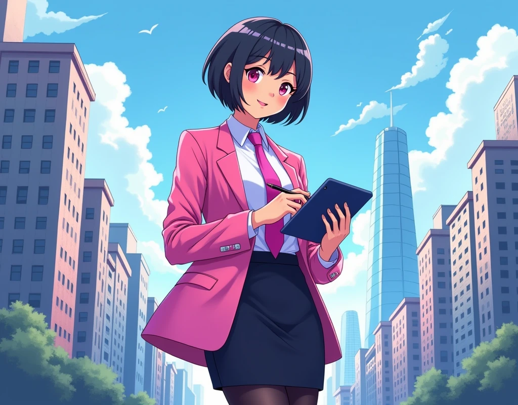 The young woman short black hair and pink eyes wear a pink suit, white shirt, magenta necktie, black pencil skirt, black underpants, black tights, black socks, adidas white sneakers.

She wears the glasses, Her left hand holds a tablet, Her right hand holds a black pen of tablet, Her eyes are dazzled and smiled, cartoon anime, 4K, HD