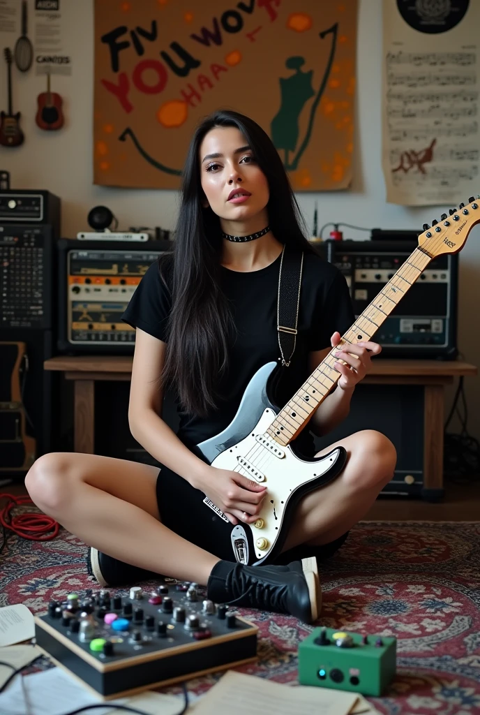 black and white guitar on the leg of a woman wearing black shorts and a black shirt, with black Nike sneakers,  next to a pedalboard 