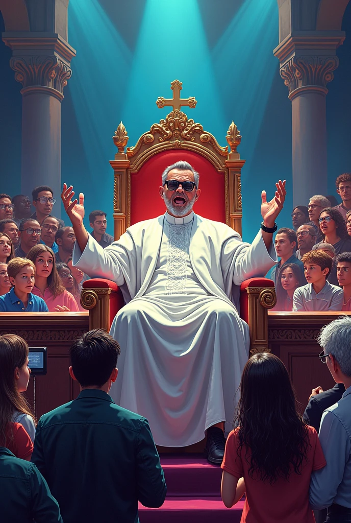 priest with dark glasses dressed in white, giving a speech in his chair sitting, In front of him there is a table and a microphone. In front there is a crowd of several people, children,adults and elderly.Dibuna everything is in marvel comics style.