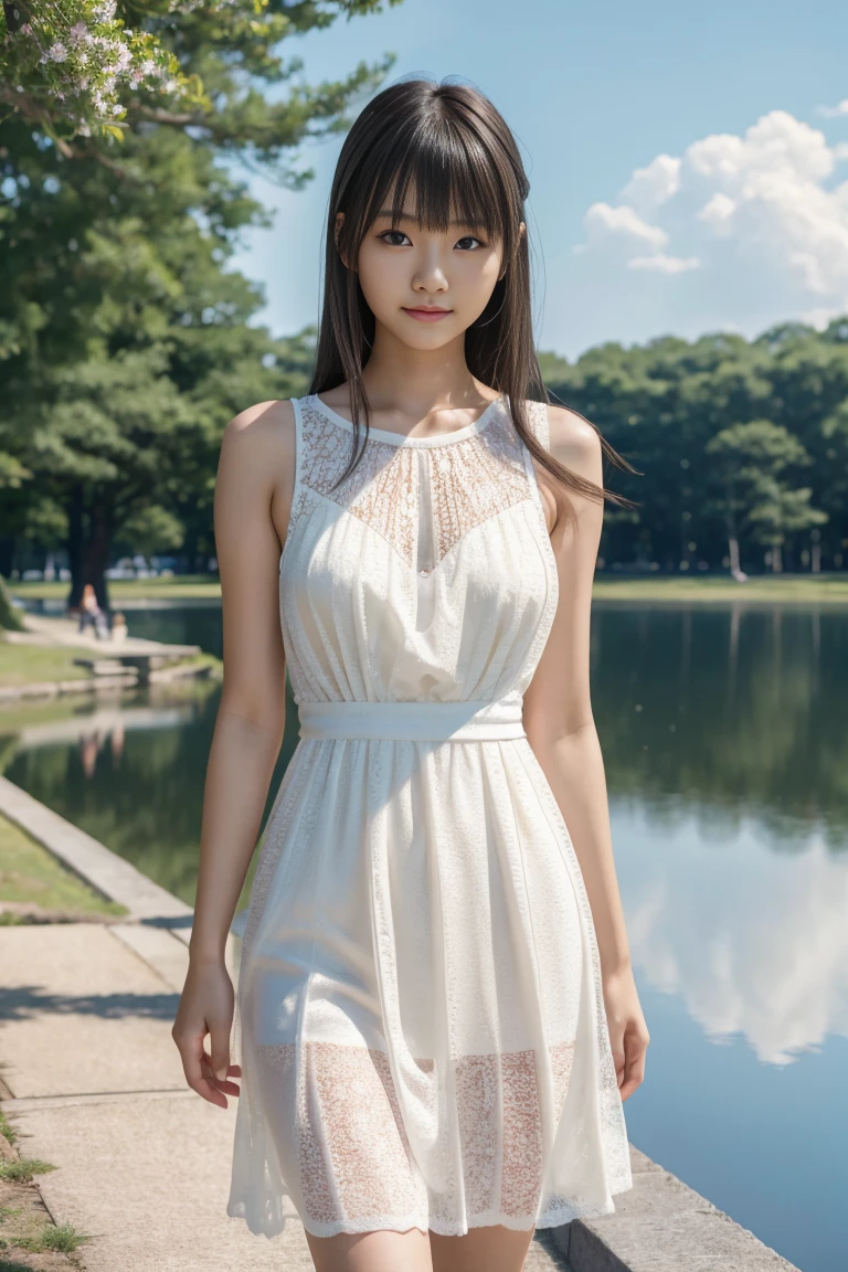 young japanese female model, 20 years old, short height, bangs hairstyle, long brunette hair, blue eyes, 16k resolution, highly detailed, Hyperrealism, cinematic lighting, bokeh, masterpiece, UHD, textured skin, super detail, high details, high quality, award winning, best quality, highres, wearing white sheer dress, standing at the lake side, light smile, full body shot,