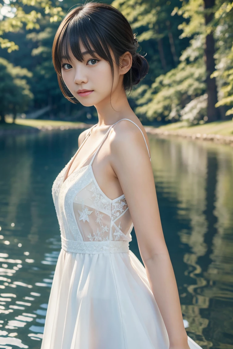 young japanese female model, 20 years old, short height, bangs hairstyle, long brunette hair, blue eyes, 16k resolution, highly detailed, Hyperrealism, cinematic lighting, bokeh, masterpiece, UHD, textured skin, super detail, high details, high quality, award winning, best quality, highres, wearing white sheer dress, standing at the lake side, light smile, full body shot,