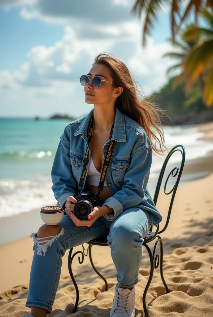 a beautiful woman wearing a hijab wearing a denim jacket, jeans and sneakers. the face should be clear. the woman was sitting on a beautiful iron chair. on a beautiful and wide beach. Beautiful and sunny weather background. You can see the beautiful and wide sea. Around the woman's neck is a NIKON D850 camera. There are beautiful coconut trees on the beach. the woman is holding a chocolate coffee. Beautiful panorama at night in the morning. photography. original photo.8K HD.