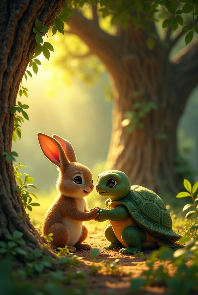 Scene 8:
Sharing Stories with Tumble
Setting: Clover(brown rabbit) and Tumble(green tortoise) sit together inside the tree, talking and laughing.
Action: Tumble(green tortoise) tells Clover(brown rabbit ) ancient stories of the forest, and Clover(brown rabbit) shares his dreams of exploring the world.
