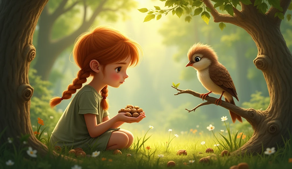 Nearby, perched on a branch, a small bird with soft, ruffled feathers looks hungry and sad. Sandy is extending her paw, offering some nuts to the bird.