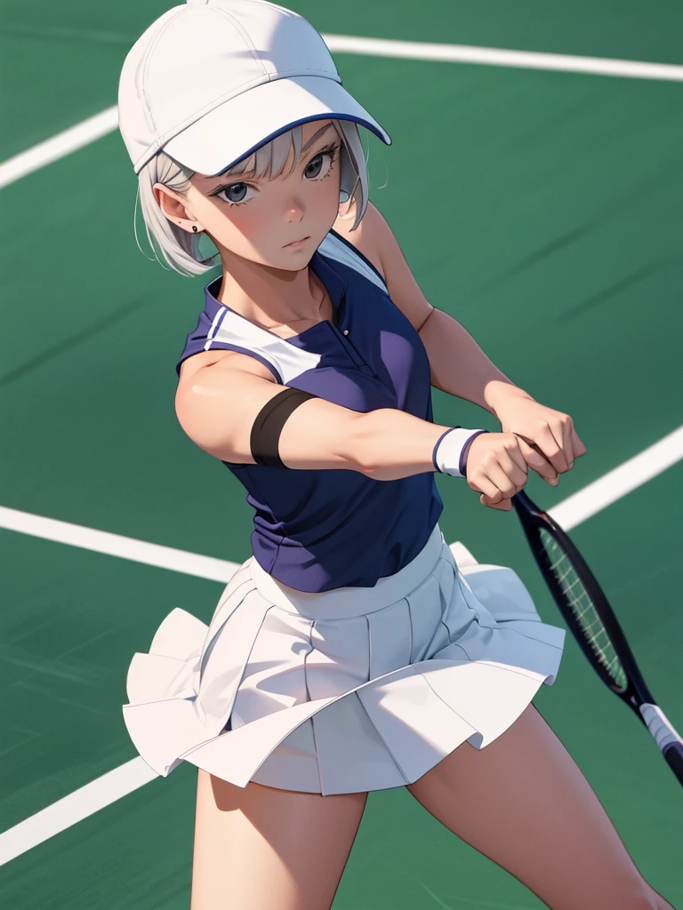  1woman, as a tennis player girl, wearing a tennis girl outfit, with a cap and short tennis skirt, at a tennis court , silver short hair, 8k, high detailed, high quality