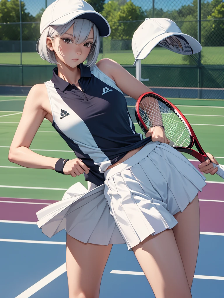  1woman, as a tennis player girl, wearing a tennis girl outfit, with a cap and short tennis skirt, at a tennis court , silver short hair, 8k, high detailed, high quality