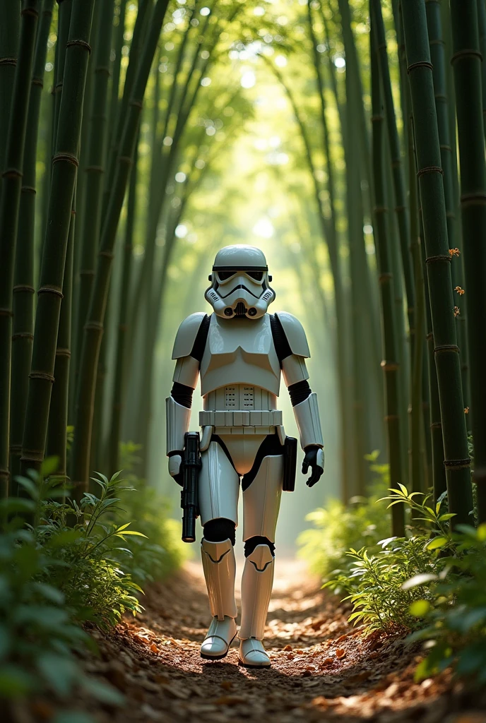 Stormtrooper parading in a bamboo forest