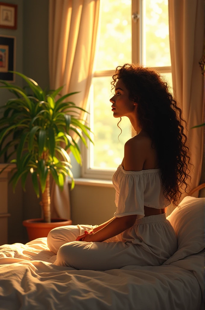 :1.2), beautiful woman, sitting on bed, wearing loose off-shoulder top, pajama pants, long curly hair, indoors, soft lighting, plants in background, window with sunlight, cozy room, relaxed pose, realistic, intricate details, warm colors, by Greg Rutkowski, by Alphonse Mucha