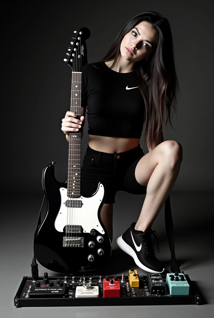 black and white guitar on the leg of a woman wearing black shorts and a black shirt, with black Nike sneakers,  next to a pedalboard 