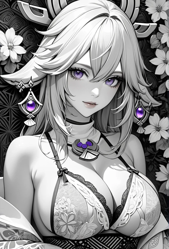 Yae Miko, genshin impact, absurdres, highres, ultra detailed, ultra-detailed background, detailed background, extremly detailed, 1girl,bunch of flowers, (zentangle:1.2), (geometric:1.2), black and white color palette, monochromatic, big breasts, cleavage, sideboob, lingerie, realistic depiction, portrait, close up,, 