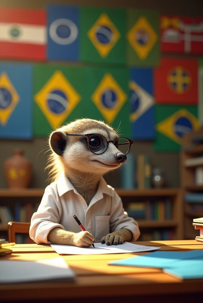 Long-haired meerkat, white blouse and glasses standing writing at table with flags of Brazilian states behind