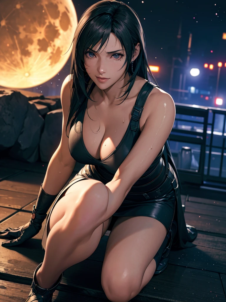  ((Master quality, 8K, masterpiece:1.3, ultra-detailed, high resolution, RAW Photos, detailed , blurry, Actual, hyper realistic, photo, HDR)), BREAK, perfect anatomical, perfect hands, perfect legs, perfect feet, detailed eyes, BREAK, One person alone, ff7r style, tifa lockhart,, beautiful face, beautiful detailed eyes, (dynamic posing ), long hair, ( Round and Stacked Breasts ), Cleavage, seductive  smile:1.5, Sweat-soaked skin, BREAK, wearing( ), , Graffiti art, BREAK, ( Random Angle, full-body, ), dynamic angle, , background(Realistic , cinematic lighting, depth of field, night , the full moon,, cyberpunk city atmosphere light particles, , )