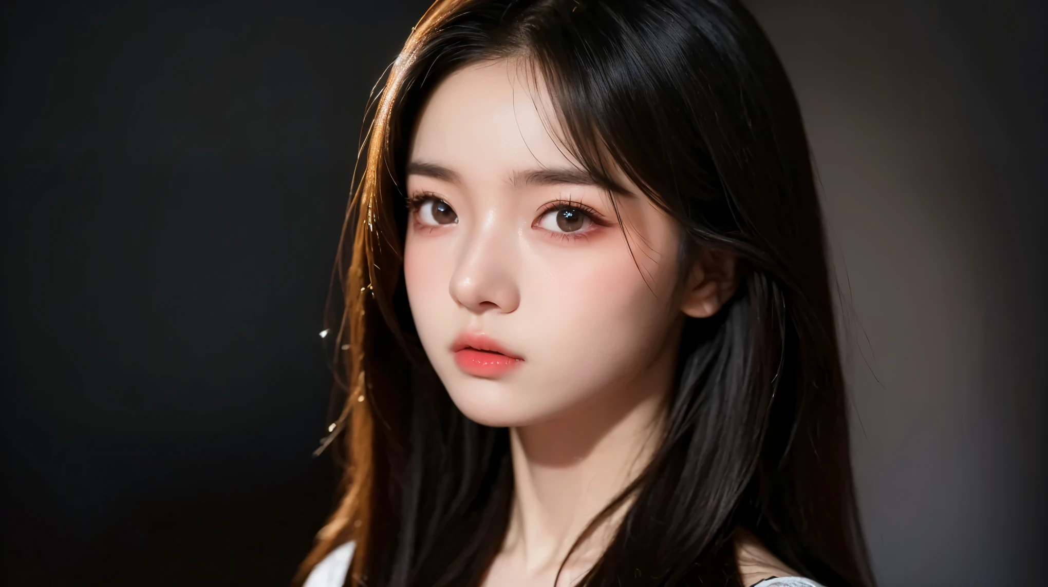 An 8k masterpiece, the highest resolution, every detail, meticulous detail, depth of field, bright colors, beautiful composition: an 18-year-old adolescent girl with black hair and beautiful innocent eyes in stunning detail, standing on a dark and ominous background.