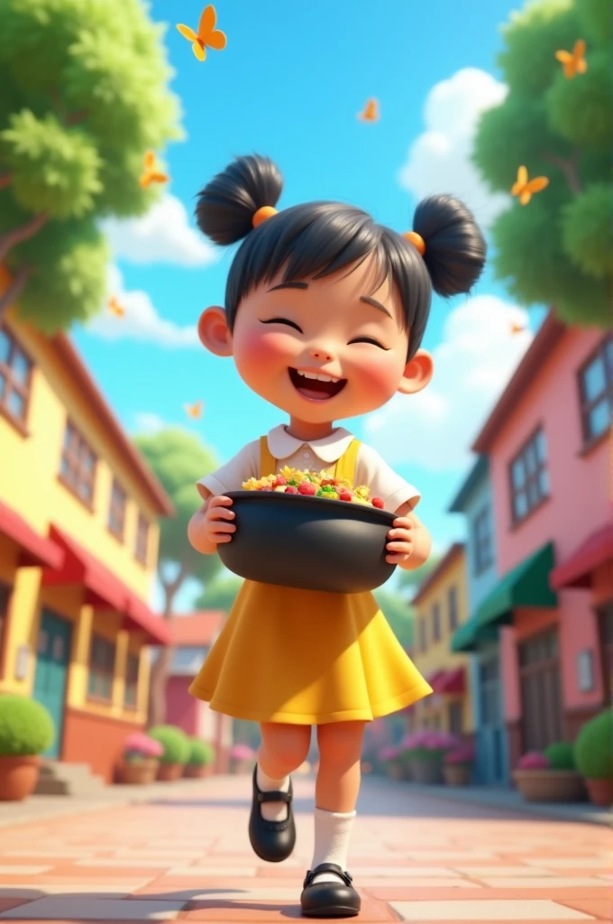 In cinematic 3d cartoon style " ek ladki jo school dress m h or bartan me khana le rhi h " 