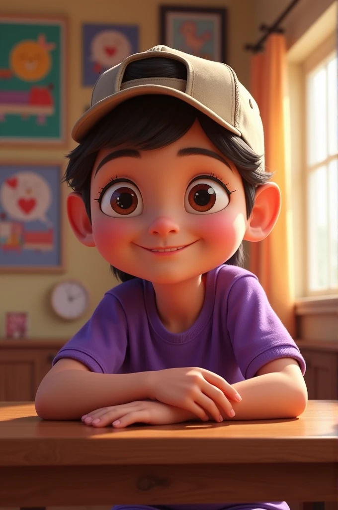 Animated character, cap backwards, with the dark lilac shirt, smiling and leaning on a table