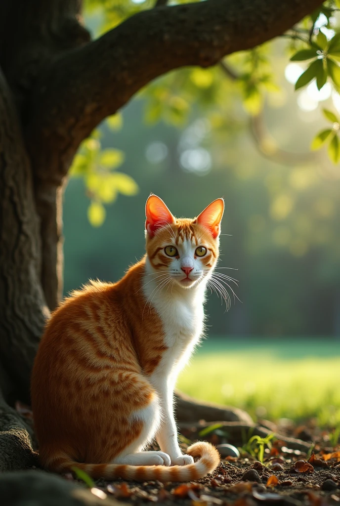 An orange and white tabby cat sat under a large tree in the backyard. Its face looked sad, its eyes staring at the empty space in front of it as if it was thinking about something. Its fur was messy, and its tail hung down slowly. The surroundings were quiet, but one could feel the loneliness radiating from its body.
