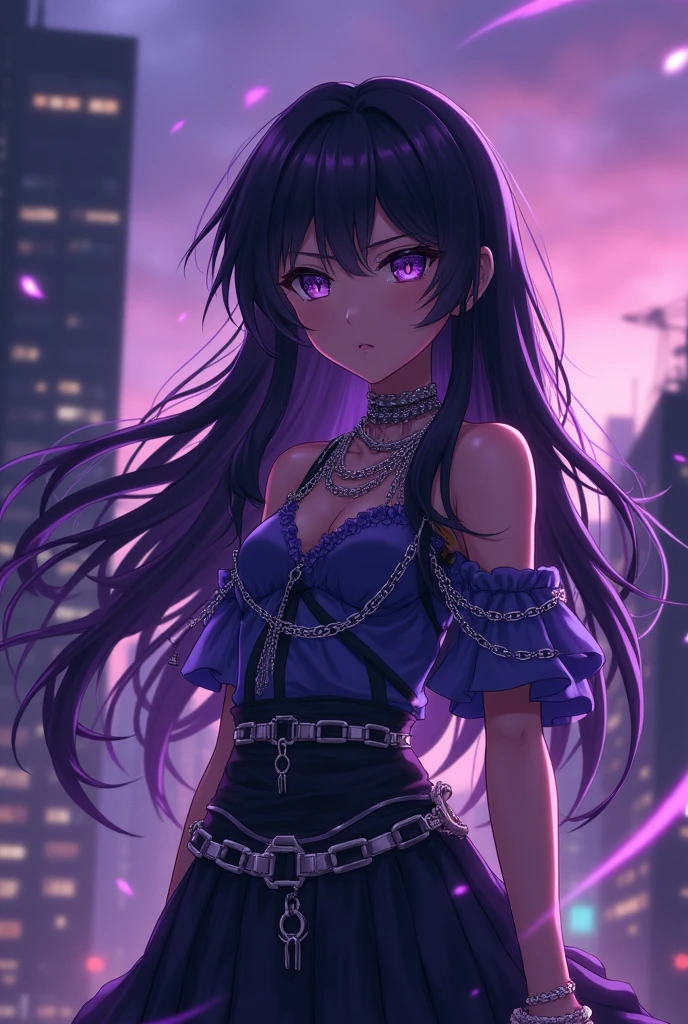 anime girl in chained blouse with dark deep purple filter