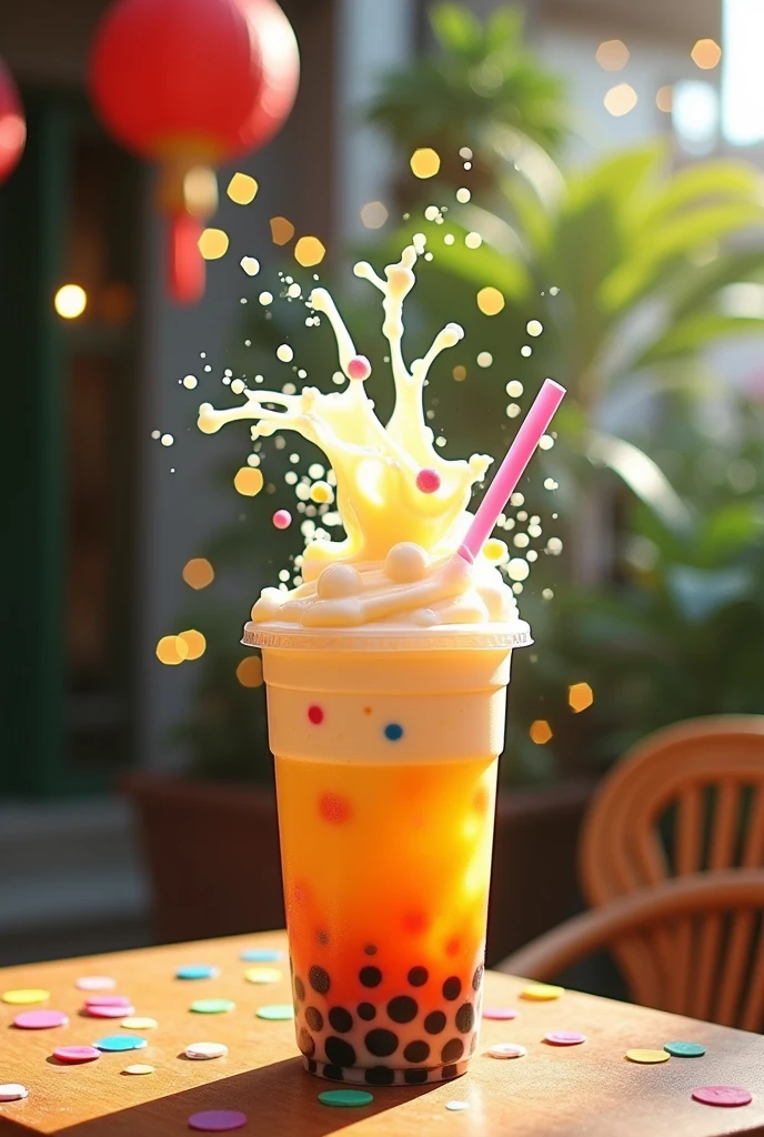 A picture of bubble tea splashing out of its cup