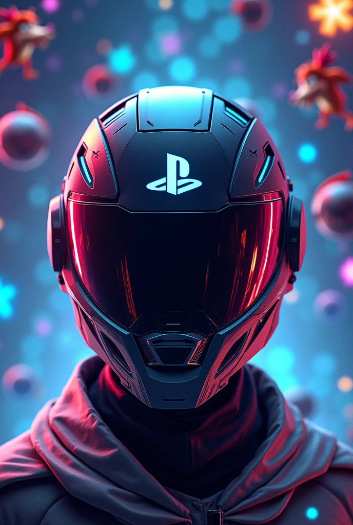 Create a helmet with a playstation design, and background with sony character symbols.