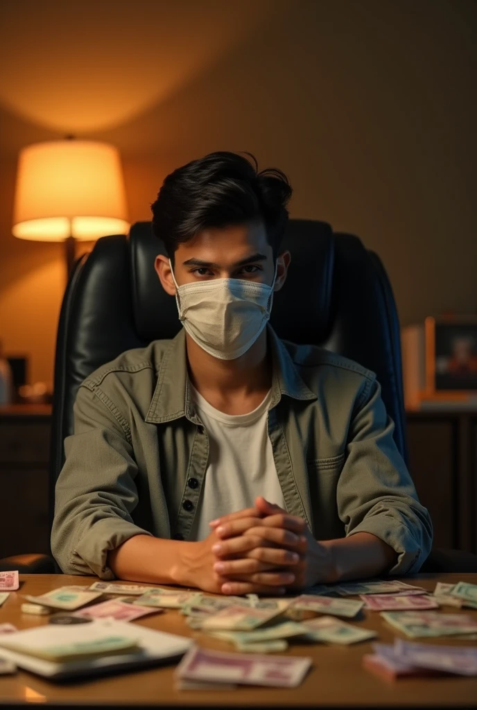 A 20 years deshi boy with a calm and focused expression, sporting a facemask, well furnished room, sits comfortably in a modern, ergonomic chair with a slight recline, his eyes fixed intently on the front. The table in front of him is cluttered with a mix of various denomination banknotes and coins, some stacked haphazardly, others scattered, giving a sense of urgency and intensity to the scene. The surrounding environment is dimly lit, with soft, warm tones, hinting at a late-night trading session. The boy's skin has a smooth, golden undertone, and his dark hair is neatly combed back, revealing a prominent forehead and defined eyebrows. The overall atmosphere is one of concentration and ambition, with the boy's gaze piercing through the facemask, radiating determination.