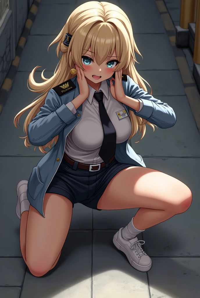 masterpiece, Highest quality,alone, (Detailed face), Minami Kotori, Curved body, Huge breasts,from the front,Sweaty, Embarrassing,mini skirt、Miniskirt Police、Spread your legs、白いpanties、(panties、 white ),Earrings, Elbow hand pockets, tie , Are standing,Police hat,On the street,View your viewers, Cowboy Shot, Thighs, Wide Hips, Knee socks 、Nipplesが見えている、Nipples、Topless、Topless