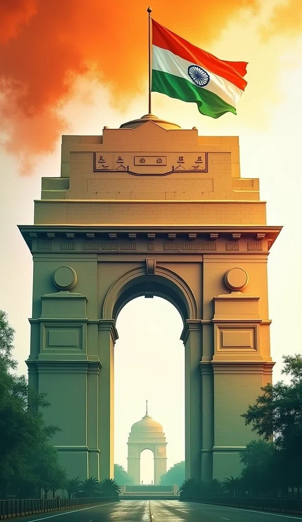 
a picture of a large arch with a flag on it, indian flag, 🚿🗝📝, tricolor background, official artwork, indian, india, amazing contrasting background, awesome greate composition, beautiful digital artwork, beautiful visuals, beautiful artwork, stunning visuals, accurate depiction, independence, by Jitish Kallat, stunning digital illustration, indiecraft aesthetic