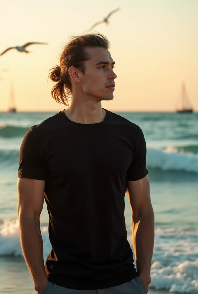 20 years old man pony half pony tail hairstyle with black shirt looking to the sea