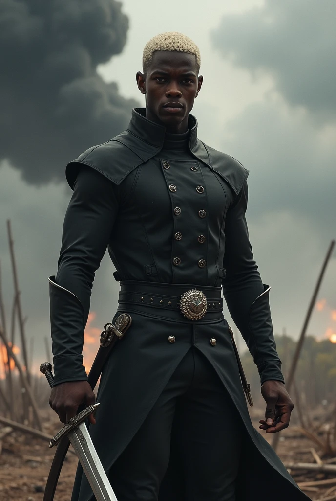 male - 24 years old - 1,70 tall, skin black, platinum hair military cut, stark, with a sword at his waist, and black clothes