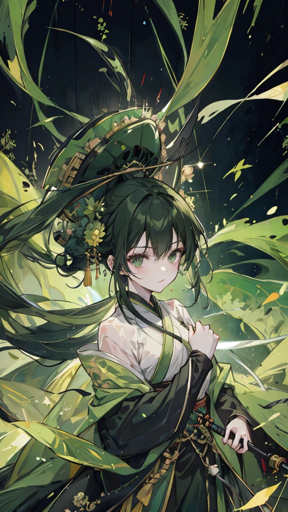 green black hair，dark green eyes，Green Hanfu and black armor，turtle