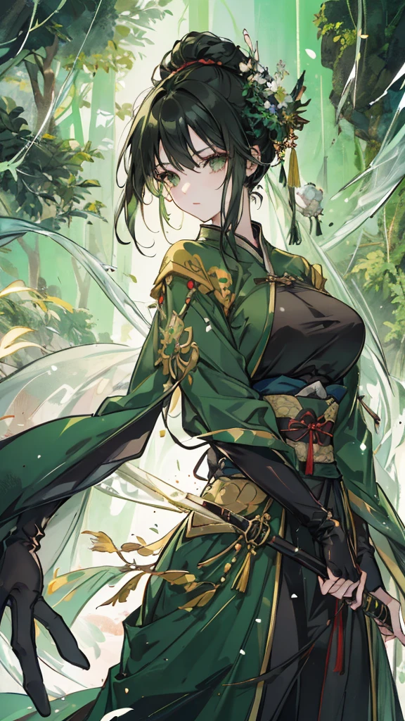 green black hair,dark green eyes,Green Hanfu and black armor,turtle