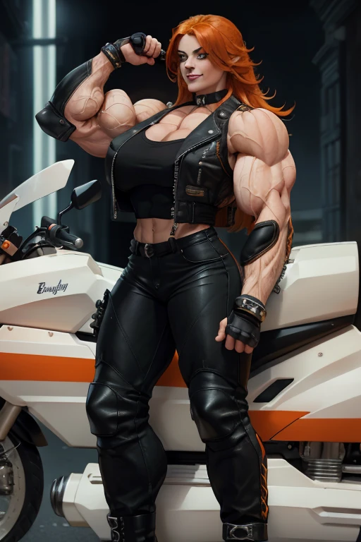 (((Close-up))), tall, (orange hair) beautiful muscular woman, long shaggy hair, pale white skinned, large breast, closed smile, (black lipstick), ((massive muscles)), (hyper muscle), ((ginormous bulky muscles)), green eyes, (((sleeveless motorcyclist jacket))), (((motorcyclist pants))), boots, choker, sneakers, in a night town, 