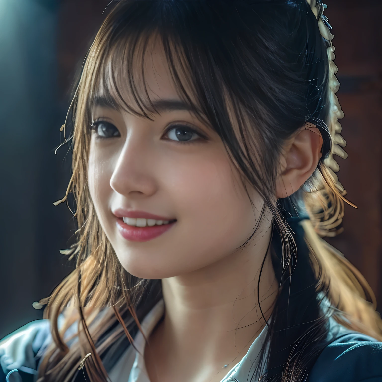 1 girl, Beautiful Japanese actresses, (ponytail:1.3),(RAW Photos, Highest quality), (Realistic, Photorealistic:1.4), masterpiece, Very delicate and beautiful, Very detailed, 8k wallpaper, wonderful,
finely, Very detailed CG Unity 8K 壁紙, Very detailedな, High resolution, Soft Light, Beautiful detailed, Very detailed目と顔, Beautiful and detailed nose, Beautiful and detailed, Cinema Lighting,
Perfect Anatomy, Slender body, smile, Face the front completely, Looking at the camera,Highest quality, Face Focus, Soft Light, 超High resolution, (Realistic:1.4), RAW Photos, One of the Japan,
alone, cute, (Dark Eyes, light in your eyes), Beautiful face in every detail, (Small Box),(人間の肌の質感のHigh resolutionの詳細),
(Medium-long hair),In the classroom , Wearing a high school uniform, (Portraiture), smile, Upper body from the waist up, smile