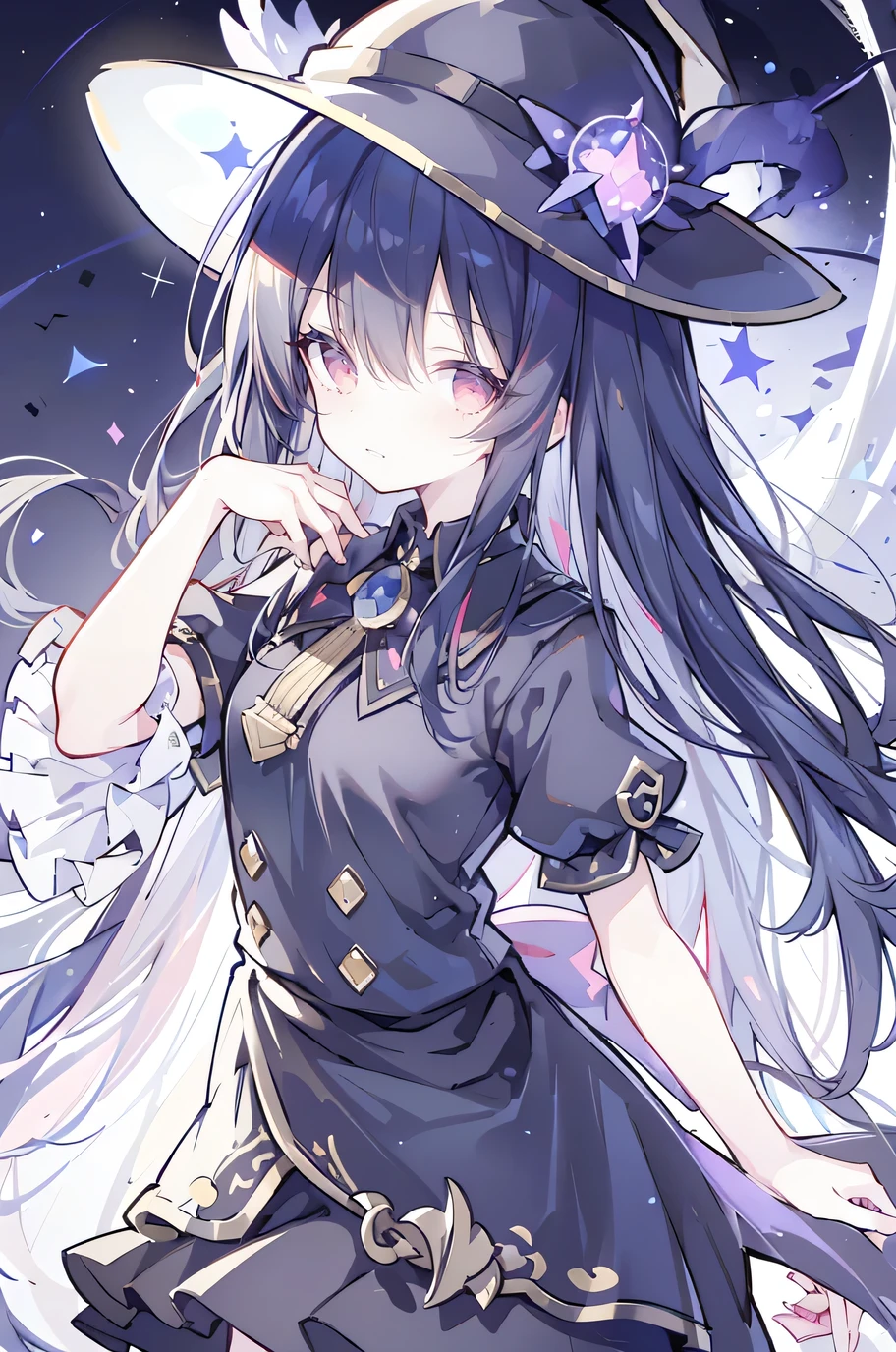 oung Girls,Humanity,A magician always smiles,big witch hat,cute,dark blue long hair,The eyes are dull,The bangs are heavy,Thin eyebrows,fantasy,intake,Double teeth,Star Theme,Constellation pattern,Solid color clothetal decoration,cloak,A bit of a dark atmosphere,A little crazy smile,When the big moon shines outside at night,blood,Hair black star embellishment,Short tie,No nails,High waist skirt,Bell sleeves,Long-sleeved shirt,Black tie,low risk,gentlemen。Mist、Yellow and white effect,Shocking pink as an accent color,only two hands ,only two legs.