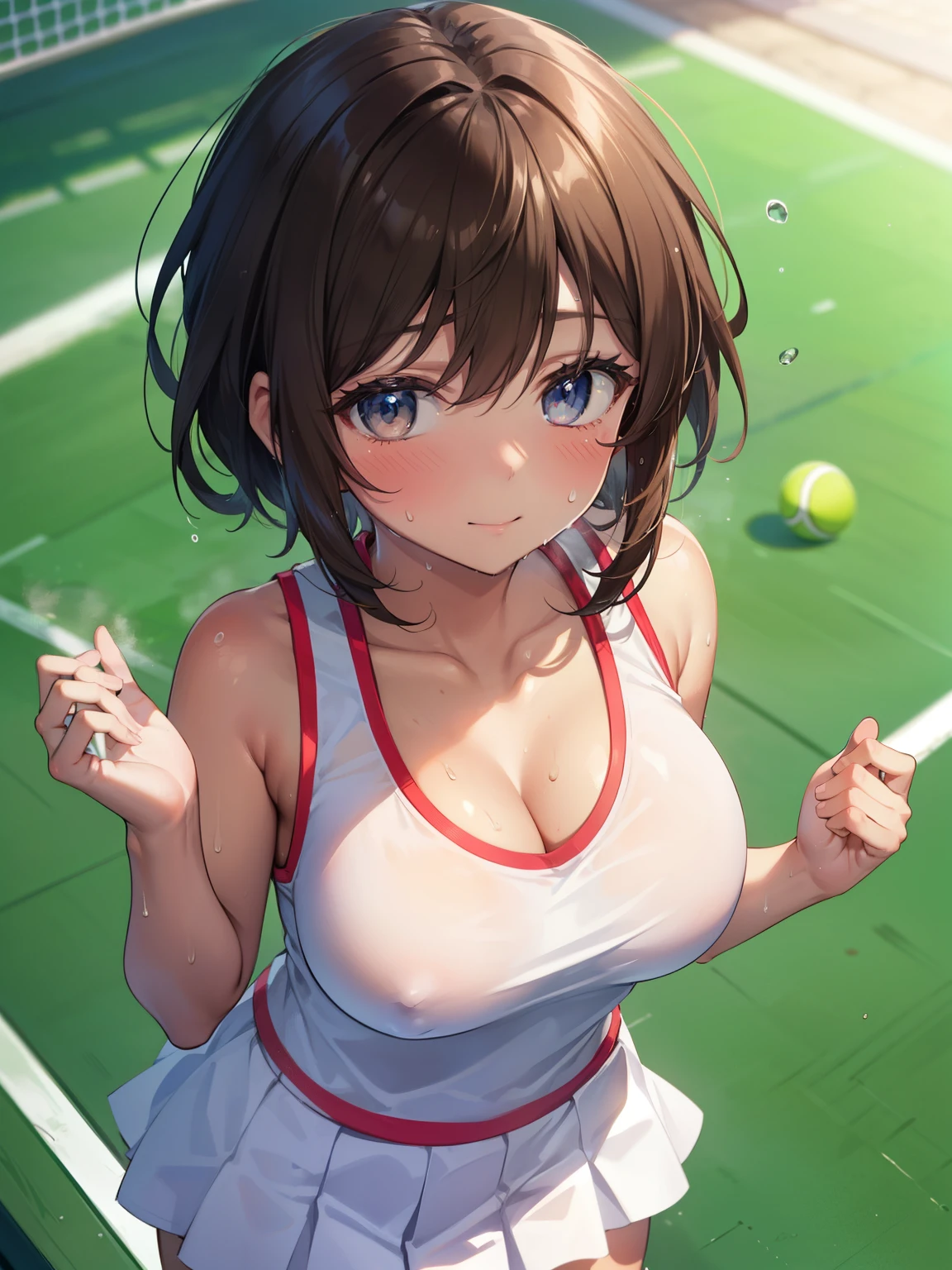 ((Highest quality, High resolution,  Perfect Pixel,  4K)),  (Beautiful Anime), Depth of written boundary、
looking at viewer, 

short hair, 、Detailed eyes、Round face、he is short、
 
Brown Hair、(Big Breasts:1.3)、(Brown Skin:1.5)、

Tennis Wear、mini skirt、White clothes、Sleeveless clothing、
Cleavage、

(Sweat、blush:1.3)、smile、

Tennis court、summer、sunlight、

From above、