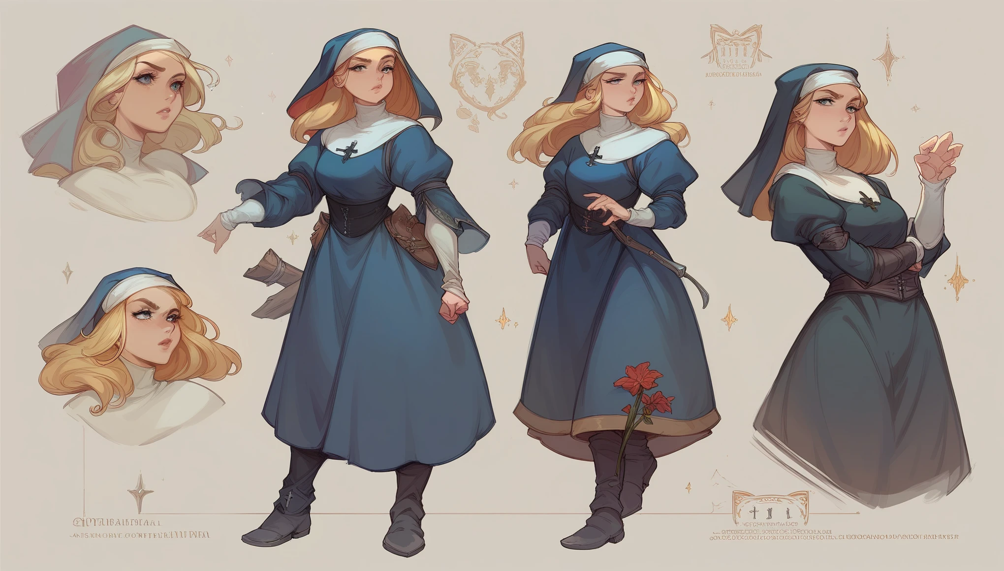 Concept art, girl, battle nun, blonde hair, MEDIEVAL CLOTHES, medieval gothic theme, full body pose