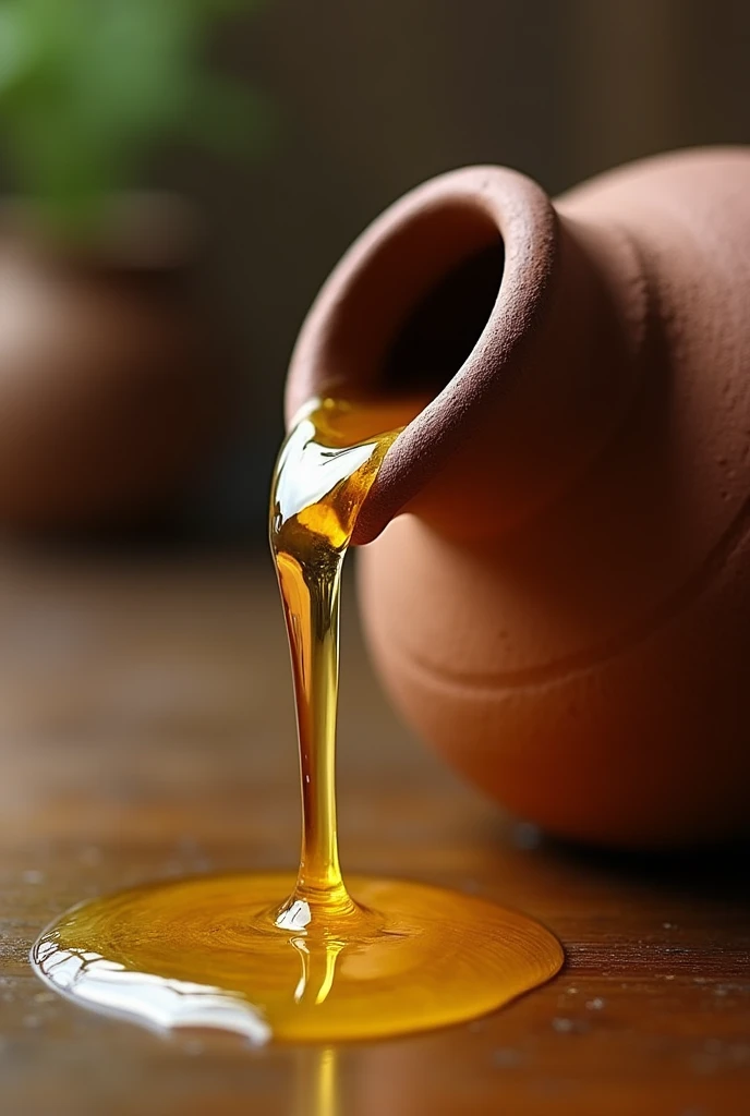 A clay jar pouring oil With nothing deep Just the clay jar and the oil spilling 

