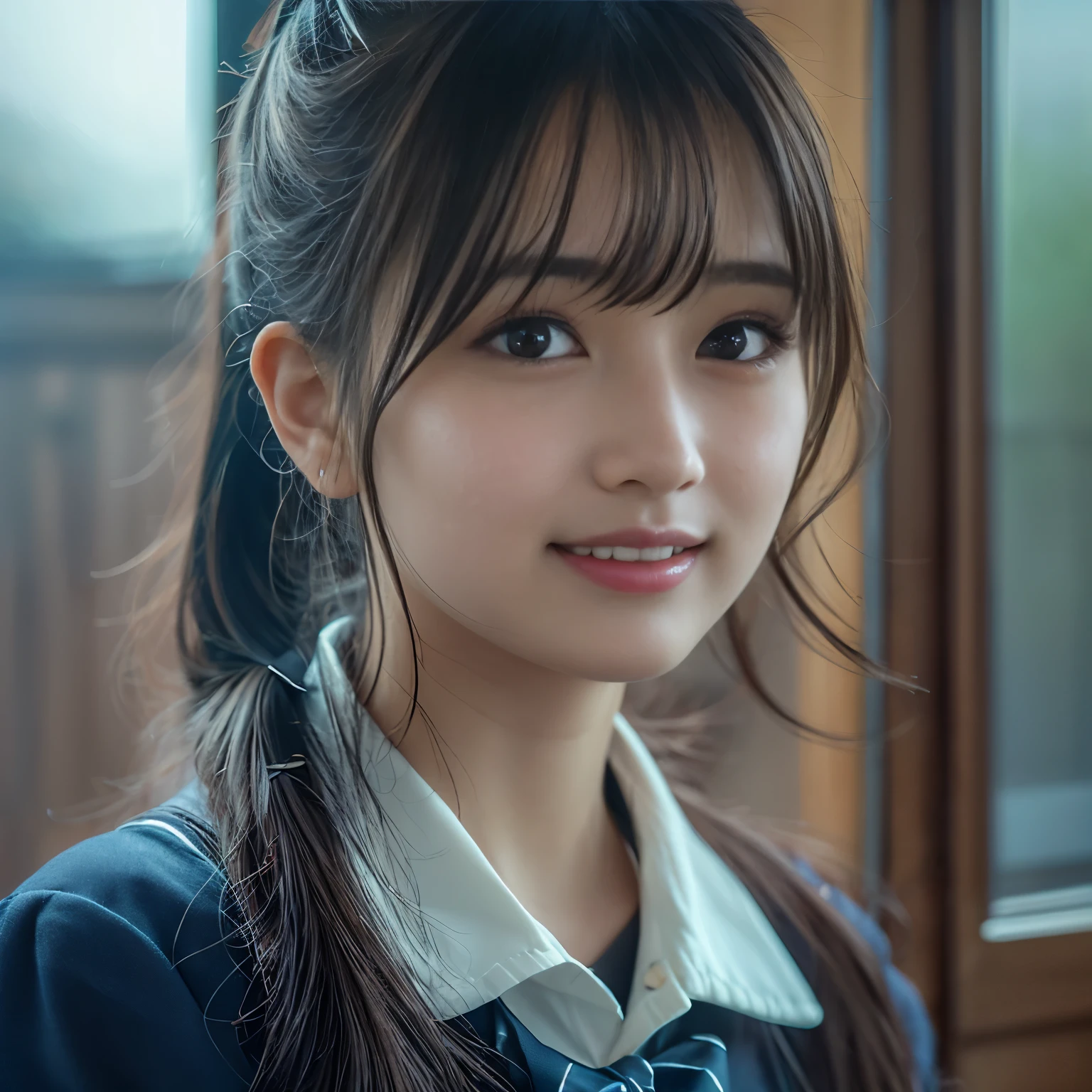 1 girl, Beautiful Japanese actresses, (ponytail:1.3),(RAW Photos, Highest quality), (Realistic, Photorealistic:1.4), masterpiece, Very delicate and beautiful, Very detailed, 8k wallpaper, wonderful, 
finely, Very detailed CG Unity 8K 壁紙, Very detailedな, High resolution, Soft Light, Beautiful detailed, Very detailed目と顔, Beautiful and detailed nose, Beautiful and detailed, Cinema Lighting, 
Perfect Anatomy, Slender body, smile, Face the front completely, Looking at the camera,Highest quality, Face Focus, Soft Light, 超High resolution, (Realistic:1.4), RAW Photos, One of the Japan,
 alone, cute, (Dark Eyes, light in your eyes), Beautiful face in every detail, (Small Box),(人間の肌の質感のHigh resolutionの詳細),
 (Medium-long hair),In the classroom , Wearing a high school uniform, (Portraiture), smile, Upper body from the waist up, smile
