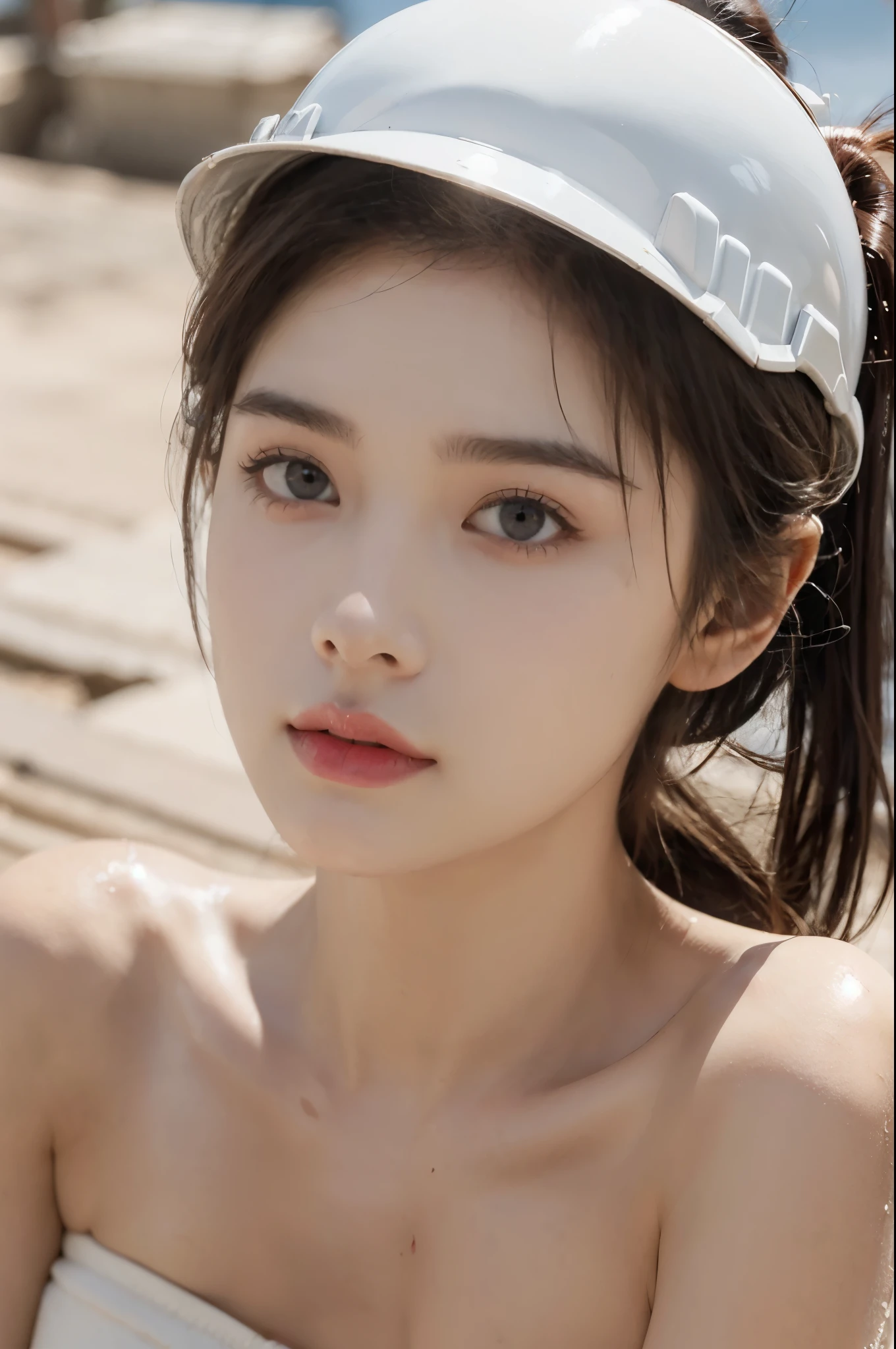 (((best quality))), (((ultra detailed))), (((masterpiece))), illustration,((a beautiful girl,solo)),(hard hat:1.3),(short ponytail:1.2),(flushed cheeks:1.3),(Brownish red skin:1.3),((sweat,wet)),((slim,thin)),((small breasts,flat chest)), (strapless dirty torn white bra:1.3),(High altitude construction site:1.3),(on the roof:1.2),(outdoor:1.2),(bricks:1.3), scorching sun, vibrant city,((cement, dust)), determined hustle, quiet, determined girl, indomitable spirit, human resilience, perseverance, unwavering resolve, back-breaking work, awe, respect, narrative, sacrifice, hard work,city buildings,((from front,close-up of face))