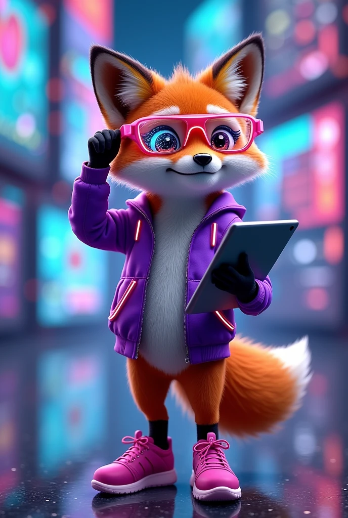 Create a 3D Disney Pixar style young fox named Fluffy, with a look focused on the technology section. She should have vibrant orange fur with white spots on her belly and paws., with big, expressive eyes and cute ears. Cute must be dressed and equipped with modern technological accessories:
vestimentas:
A futuristic purple jacket with neon accents, perhaps with illuminated panels or digital graphics, for a modern and technological look.
Accessories to be included:
A pair of augmented reality glasses (midair) with a futuristic design and bright lenses.
A high-end smartwatch with a holographic display and a silver metal strap.
A stylish wireless headset, featuring a sleek and modern design.
A small portable technology device, como um tablet ou um gadget de alto-tech, that she may be holding or using.
A pair of sneakers with built-in LED, that light up or flash for a technological effect.
Fofinha must have a posture that suggests interaction with technology, como ajustando os óculos midair ou mexendo em um gadget. The background should be a futuristic and technological environment, like a modern office with digital panels or a high-tech control room, capturing the essence of innovation and technology.