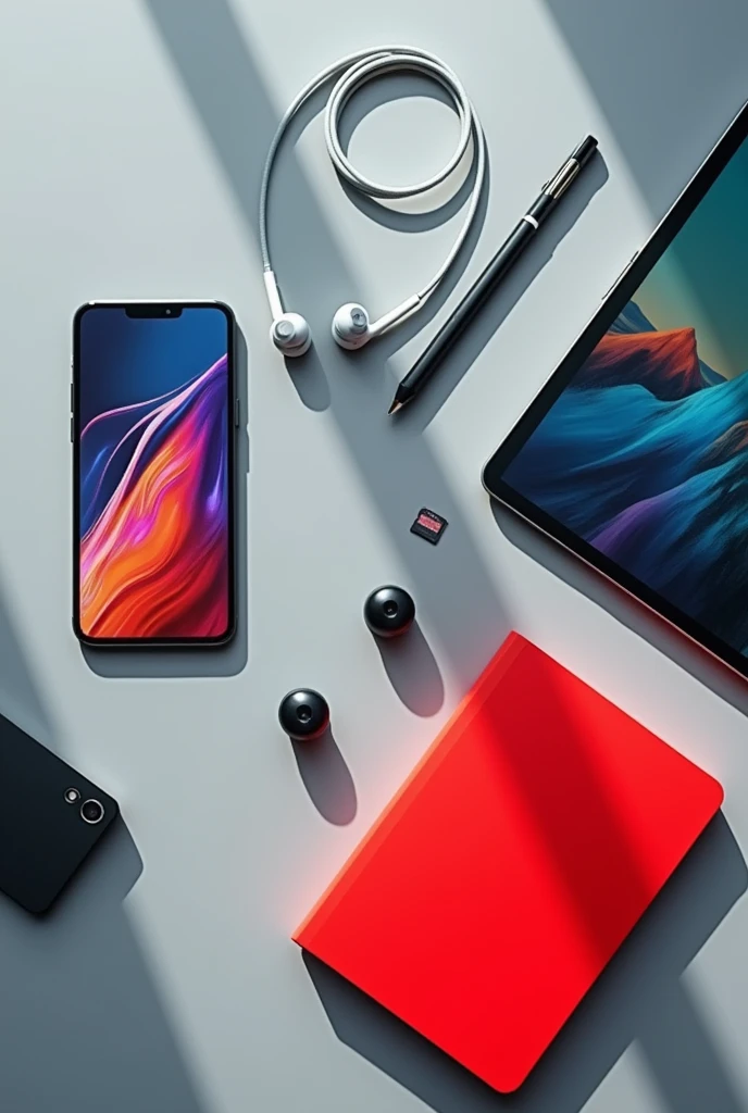 on a gray and neutral photographic background, electronic equipment such as cell phones, iPad, earphone, redfone notebook memory card