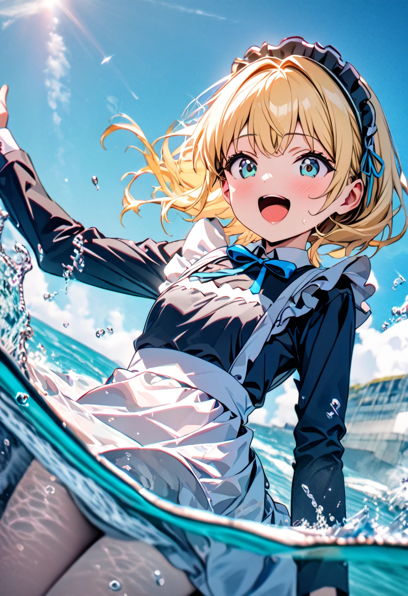 (8k, super high quality, masterpiece), (detailed), One Woman, Small breasts, Blonde, cute, Blue ribbon, Slightly longer length, エプロンdress, Maid clothes, dress, White apron, Long sleeves, Ocean, Bathing, Submerged in clothes, swim, splash, The best smile, Have fun, Splashing water, Like a , Get excited, Mouth open, View your viewers, 