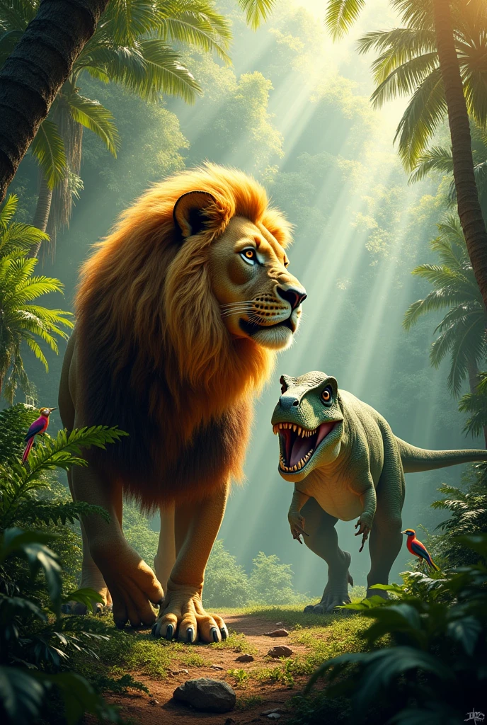 Lion and dinosour.
