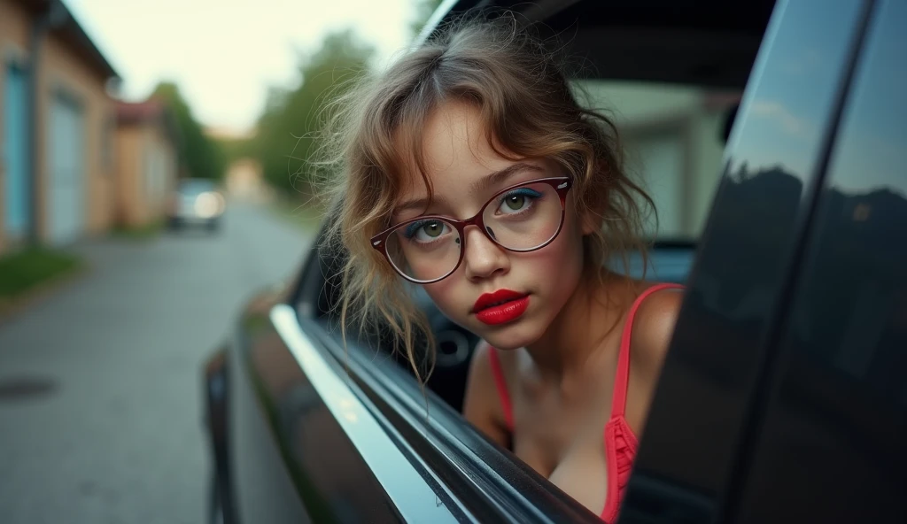 Skinny scrawny young little age slut with Down syndrome, prostituting herself in an alley, leaning into a car window talking to the driver, excessive makeup, bright red lipstick, pursed lips, puckered lips, blue eyeshadow, glasses, flirty attitude, short cutoff shorts, cut into thong shorts, sandals, nipples visible through her sheer top, large firm erect nipples